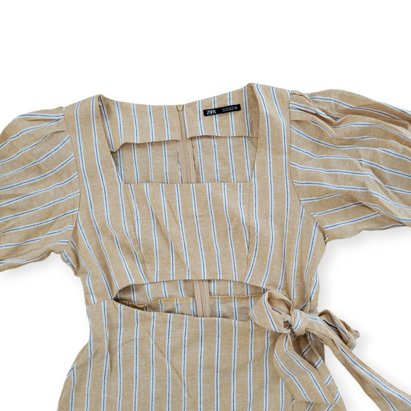 ZARA Linen Blend Striped Yellow/White Mini Cut Out Tie Waist Dress Women Sz L - Picture 6 of 15